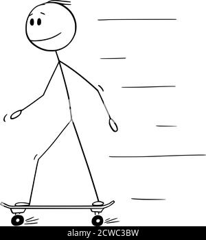 Vektor Cartoon Stick Figur Zeichnung konzeptionelle Illustration von Mann, Junge, Skater oder Skateboarder Reiten oder Skateboarding auf Skateboard. Stock Vektor