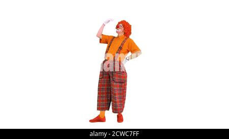Lustige Clown denken wirklich hart auf weißem Hintergrund. Stockfoto