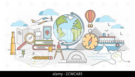 Geographischer Umriss Konzept Vektor Illustration. Atlas Erdstudie und Umweltforschung. Topographie Wissenschaft und Wissen lernen in der Schule oder Univ Stock Vektor
