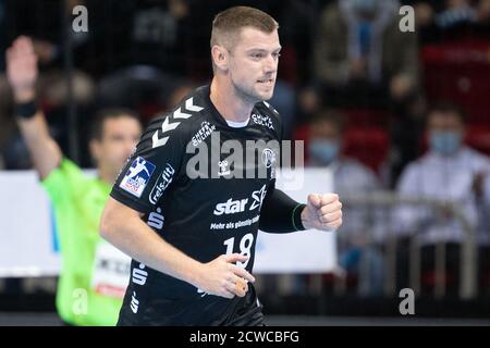 Düsseldorf, Deutschland. September 2020. Handball: DHB Supercup, THW Kiel - SG Flensburg-Handewitt im ISS Dome. Kiels Niclas Ekberg feiert ein Tor. Quelle: Federico Gambarini/dpa/Alamy Live News Stockfoto