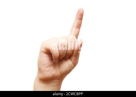Das Kind zeigt mit dem Finger. Fingerpunkte werden auf weißem Hintergrund nah dargestellt. Stockfoto