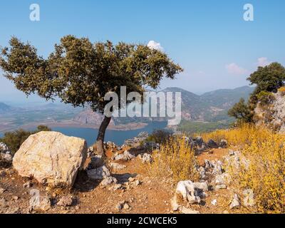 Hochwinkelansicht des Sülüngür Sees vom Aussichtspunkt am Radarberg, Dalyan, Ortaca/Muğla, Türkei Stockfoto