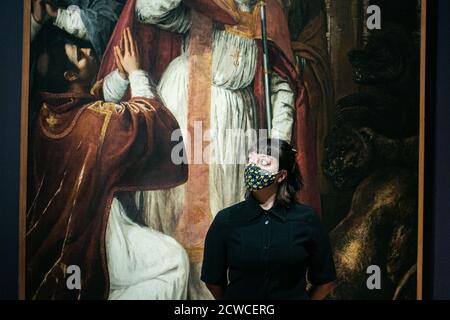 LONDON, Großbritannien, 29. September 2020. Bild: Artemisia Gentileschi, Heiliger Januarius im Amphitheater von Pozzuoli (c. 1635-37). Kathedrale Basilika San Procolo, Diözese Pozzuoli, Neapel.die erste Artemisia-Ausstellung des Werkes von Artemisia Gentileschi (1593-1654), die wegen der Covid-Sperre des Coronavirus in der Nationalgalerie verschoben wurde, wird in der Nationalgalerie eröffnet. Die Inspiration dafür ist der Erwerb von 2018 Gentileschis Selbstporträt als Heilige Katharina von Alexandria (um 1615-17), das erste Gemälde des Künstlers, das in eine öffentliche Sammlung in Großbritannien aufgenommen wurde. Die Ausstellung wi Stockfoto