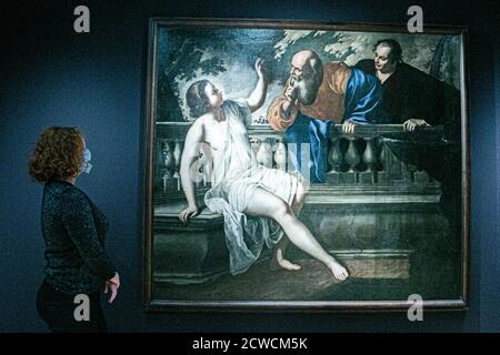 LONDON, Großbritannien, 29. September 2020. Susannah und die Ältesten um 1652.die erste Artemisia-Ausstellung des Werkes von Artemisia Gentileschi (1593-1654), die wegen der Coronavirus-Covid-Sperre in der Nationalgalerie verschoben wurde. Die Inspiration dafür ist der Erwerb von 2018 Gentileschis Selbstporträt als Heilige Katharina von Alexandria (um 1615-17), das erste Gemälde des Künstlers, das in eine öffentliche Sammlung in Großbritannien aufgenommen wurde. Die Ausstellung läuft vom 03. Oktober 2020 bis zum 24. Januar 2021 Credit: amer ghazzal/Alamy Live News Stockfoto