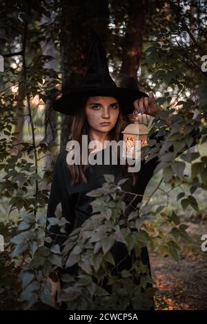 Junge Frau in dunklem Kleid und Hexenhut hält Laterne mit Kerzen in den Händen und beleuchtet den Wald. Halloween Party Kostüm. Parken mit Autum Stockfoto