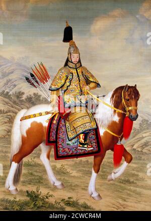 Der Kaiser Qianlong in zeremonieller Rüstung auf dem Pferderücken von Giuseppe Castiglione (1688-1766, chinesischer Name lang Shining), Tusche und Farbe auf Seide, 1758, der Kaiser Qianlong (1711-1799) war der 6. Kaiser der Qing-Dynastie in China Stockfoto