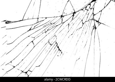 Zerbrochene Glasstruktur. Schwarze Risse auf weißem Hintergrund Stockfoto