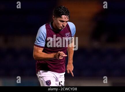 West Ham United U21 Conor Coventry feiert erzielte sein erstes Tor des Spiels während der EFL Trophy Spiel im JobServe Community Stadium, Colchester. Stockfoto