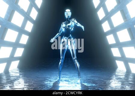 3D-Illustration eines Cyborg in einer Scifi-Umgebung Stockfoto