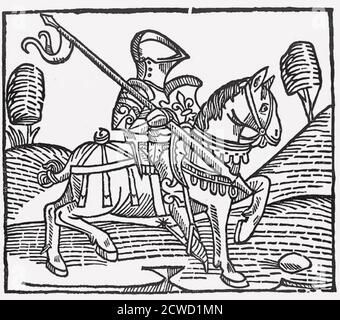 RITTER ZU PFERD in einem Holzstich von 1474 Stockfoto