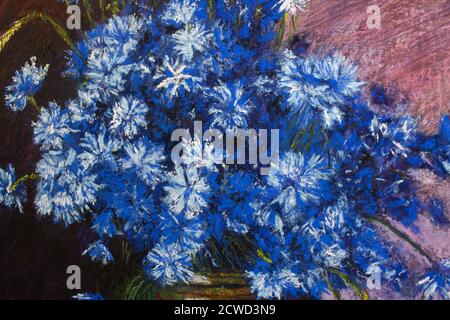 Textur. Zeichnung trocken weichen Pastell auf Papier. Stillleben von Kornblumen in einer Vase Stockfoto