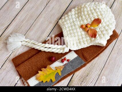 Warme Winter-Toque und Schal und leckeren leckeren heißen Kakao Mit Schlagsahne zum Schlucken und Genießen im saisonalen Herbst Tage nach Spaziergängen im Herbst Blätter Stockfoto