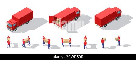 Isometrische großen Satz der Lieferung Mann in Uniform halten Boxen in verschiedenen Posen und Schutzmasken. Vector Collection Delivery Service-Mitarbeiter. Schnell d Stock Vektor
