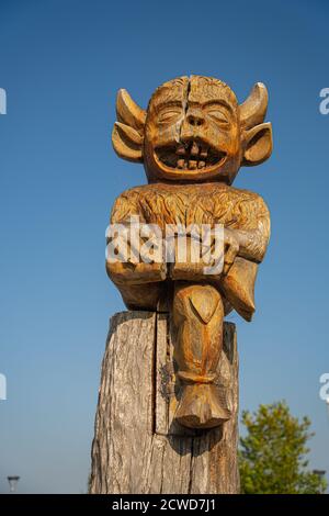 Legend, Lincoln Imp, Lincoln Cathedral, Orte in ganz Lincolnshire, alte Legende, Teufel schickte seine imps, Graffiti, Tesco Parkplatz, Bildnis, Bildnis Stockfoto