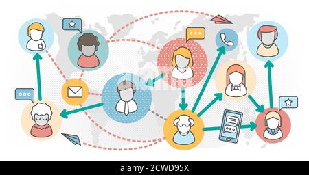 Referral Marketing Outline Concept Vector Illustration. Produkte Promotion Personen Konzept. Mundpropaganda für Neukunden. Marketing c Stock Vektor