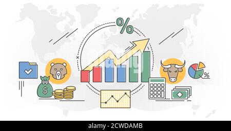 Vektordarstellung für Aktienmärkte. Flat Money Growth skizzieren Konzept mit positiven und erfolgreichen Indikatoren. Verbesserung des Unternehmenswerts für globale Investitionen Stock Vektor