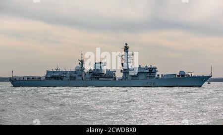 HMS Kent (F78) bei der Ankunft in Portsmouth, Großbritannien am 18. September 2020. Stockfoto