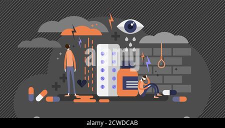 Depression Konzept flache Vektor Illustration, psychische Probleme, medizinische Antidepressiva Verwendung, menschliche Psychologie Fragen, Selbstmordgedanken und niedrig Stock Vektor