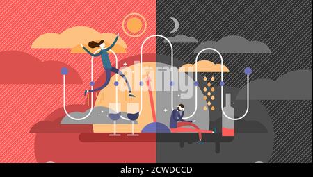 Bipolare Störung psychologisches Zustandsdiagnosekonzept, flache Vektordarstellung, expressives Glück und Depression, instabile Patientenstimmung, Kontrast Stock Vektor