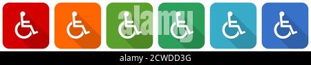 Rollstuhl-Symbol-Set, Vektorgrafiken in flachem Design in 6 Farben, Optionen für Webdesign und mobile Anwendungen Stock Vektor