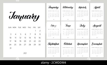 Vector Kalender Planner für 2021 Jahr mit handgezeichneten Schriftzügen und Kritzeleien. Set von 12 Monaten. Woche Beginnt Sonntag. Briefpapier-Design. Objekte isoliert Stock Vektor