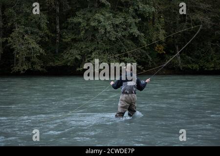 Squamish, British-Columbia / Kanada - 09/23/2020: Ein Fliegenfischer wirft seine Linie für einen Fisch auf dem Squamish River Stockfoto