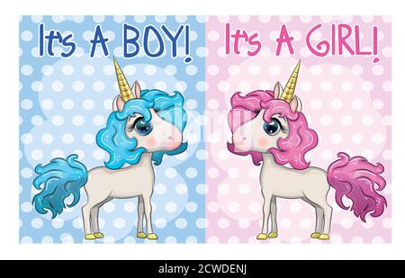 Baby Dusche Grußkarte mit niedlichen Cartoon Einhorn Mädchen und Junge Stock Vektor