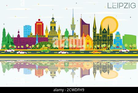 Leipzig City Skyline mit farbigen Gebäuden, blauem Himmel und Reflexionen. Vektorgrafik. Stock Vektor