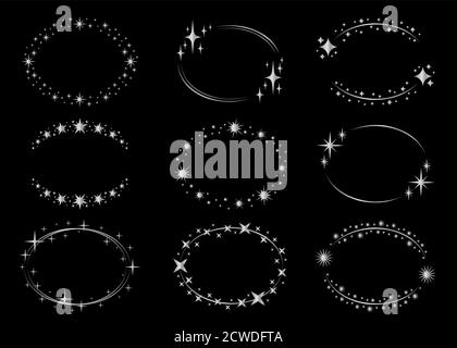 Vektor-Set von goldenen Sternen runden Rahmen. Kränze für Design, Logo-Vorlage. Sternenstaub, Sterne, Sternenhimmel. Vektorgrafik Kreis Rahmen Sammlung. Stock Vektor