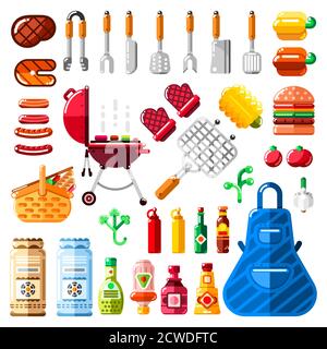 BBQ und Grill Icons und isolierte Design-Elemente Set. Vector Grillfutter, Ausrüstung und Werkzeuge Illustration. Stock Vektor