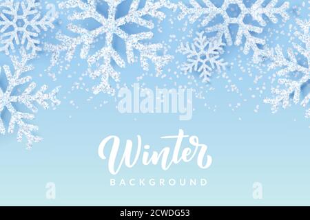 Winter abstrakten blauen Hintergrund mit realistischen weißen Schneeflocken. Elegantes minimalistisches Banner, Poster, Grußkartenvorlage für Weihnachten oder Neujahr Stock Vektor