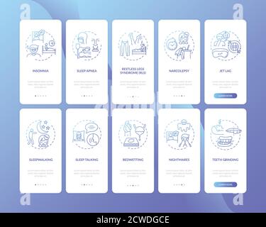 Schlafstörungen blauer Gradient Onboarding mobile App Seite Bildschirm mit Konzepte festgelegt Stock Vektor