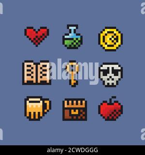 Vektor Pixel Art Illustration Icon Set - Schatzkiste, Schädel, Zaubertrank, rotes Herz, roter Apfel, Schlüssel, Goldmünze, altes Buch, Pint Bier für Retro Stock Vektor