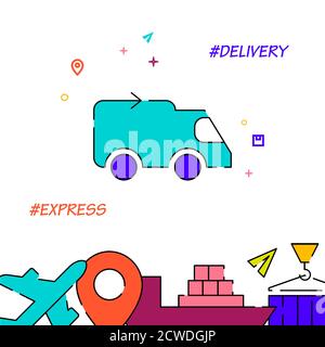 Express Lieferung LKW gefüllt Linie Vektor-Symbol, einfache Illustration, Fracht und Versand in Verbindung mit unteren Rand. Stock Vektor
