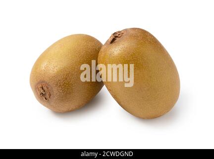 Zwei goldene Kiwis auf weißem Hintergrund Stockfoto