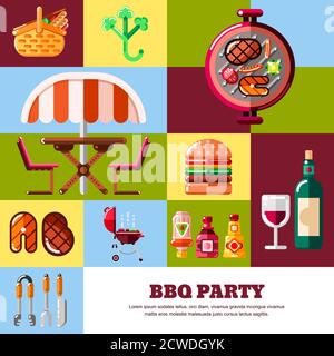 Abstrakte mehrfarbige geometrische Vektor-Poster oder Banner-Vorlage. BBQ und Grill Illustration und Design-Elemente. Barbecue Essen, Ausrüstung und Werkzeuge ico Stock Vektor