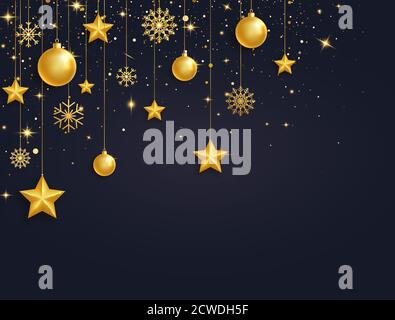 Weihnachten 3d Goldkugeln, Sterne und Schneeflocken Girlande. Goldene Glas Weihnachten Spielzeug. Luxuriöse Hängekugeln mit Band. Strahlendes Ornament für den Urlaub. Festlich Stock Vektor