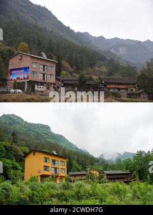 (200929) -- SHIZHU, 29. September 2020 (Xinhua) -- OBEN: Das von der lokalen Regierung zur Verfügung gestellte Foto zeigt die Wohnsitze der Dorfbewohner im Dorf Huaxi der Gemeinde Zhongyi, Autonomer Bezirk Shizhu Tujia, südwestlich der chinesischen Gemeinde Chongqing im Jahr 2017.UNTEN: Das Foto vom 9. Mai 2020 zeigt die gleichen Wohnsitze nach der Renovierung. (Foto von Liu Chan) die Gemeinde Zhongyi in Chongqing hatte eine hohe Armutsrate aufgrund der schlechten Bodenqualität und des unbequem Transports in einem bergigen Gelände. Vor 2018 gingen mehr als 60 Prozent der Arbeitskräfte im Dorf Huaxi in andere Städte, um zu verdienen Stockfoto