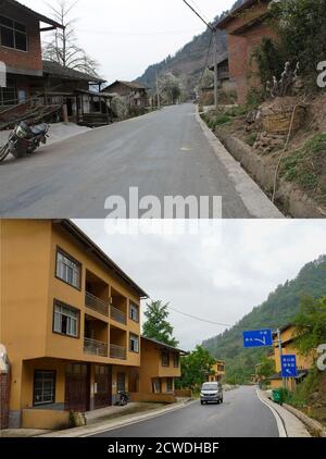 (200929) -- SHIZHU, 29. September 2020 (Xinhua) -- OBEN: Das von der lokalen Regierung zur Verfügung gestellte Foto zeigt die Wohnsitze der Dorfbewohner im Dorf Huaxi der Gemeinde Zhongyi, Autonomer Bezirk Shizhu Tujia, südwestlich der chinesischen Gemeinde Chongqing im Jahr 2011.UNTEN: Das Foto vom 9. Mai 2020 zeigt die gleichen Wohnsitze nach der Renovierung. (Foto von Liu Chan) die Gemeinde Zhongyi in Chongqing hatte eine hohe Armutsrate aufgrund der schlechten Bodenqualität und des unbequem Transports in einem bergigen Gelände. Vor 2018 gingen mehr als 60 Prozent der Arbeitskräfte im Dorf Huaxi in andere Städte, um zu verdienen Stockfoto