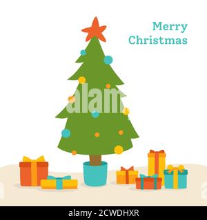 Weihnachtskarte, Baum mit Schachteln Geschenke. Neujahr und Weihnachten traditionelles Design. Moderne frohe Feiertage Cartoon-Karte. Vektorgrafik Stock Vektor