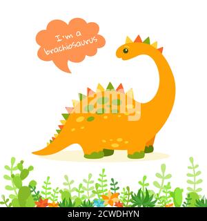 Dinosaurier mit Sprechblase, Cartoon-Stil. Bunte Brontosaurus mit Pflanzen und Kaktus. Kinder Design für Stoff oder Textil. Vektorgrafik isoliert auf weißem Hintergrund Stock Vektor