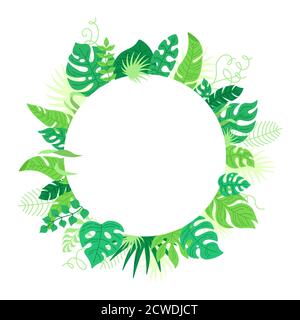 Runder Hintergrund aus tropischen Blättern, Cartoon-Stil. Trendy hawaiian abstrakte Vorlage Banner. Tropisches Regenwald-Laub mit Monstera. Kreisförmiger Rahmen für Text. Vektorgrafik Stock Vektor