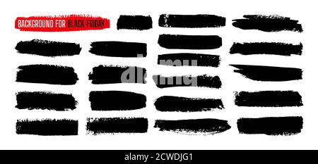 Schwarz Freitag Verkauf Streifen Farbe Vorlage Hintergrund gesetzt. Tintenmalerei, Pinselstrich. Aquarell Grunge Textur. Handgezeichnete Textur. Schwarze schmutzige Blots Form. Isolierte Vektordarstellung Stock Vektor