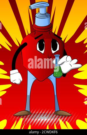 Cartoon Flasche Handdesinfektionsgel für Hygiene mit Gesicht hält ein Reagenzglas. Stock Vektor