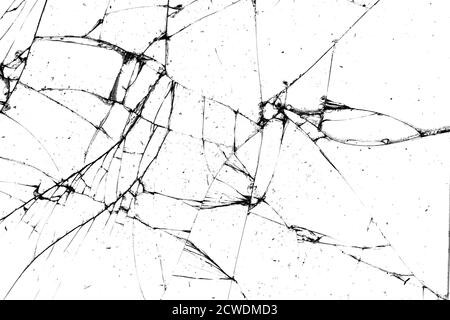 Zerbrochene Glasstruktur. Schwarze Risse auf weißem Hintergrund Stockfoto