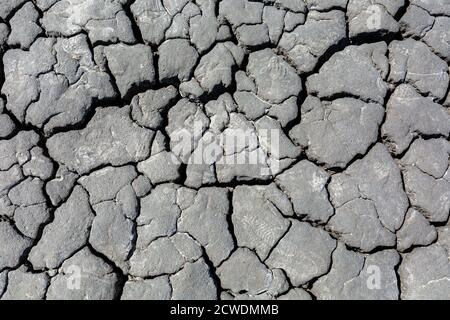 Trockenheit, getrocknete rissige Erde. Risse im Ton. Wassermangel Stockfoto