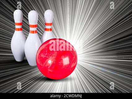 Bowling. Bowling Ball und Bowling Pins auf einem schönen Hintergrund Stockfoto