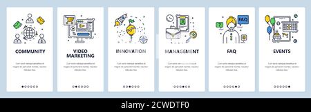 Business Community, Innovation, Management, FAQ, Videomarketing. Mobile App-Bildschirme, Vektor-Website-Banner-Vorlage. Stock Vektor