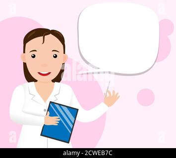 Lächelnde Ärztin Frau mit Tablet konsultiert Patienten online. Online-Medizin. Bleib zu Hause. Flache Vektorgrafik. Stock Vektor