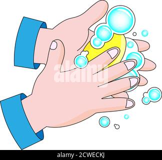 Hygiene. Hände Reinigen. Hände waschen mit Seife und sauberem Wasser. Schützen Sie sich vor Coronavirus COVID-19 Pandemie. Cartoon Vektorgrafik. Stock Vektor